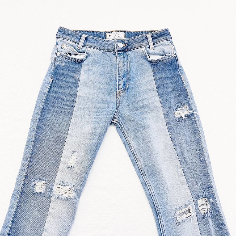Free People Patchwork Two Tone Denim Straight Leg… - image 6